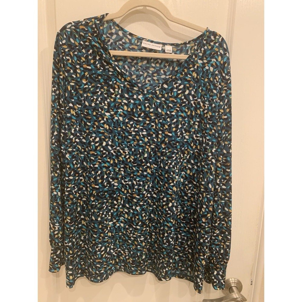 Susan Graver Liquid‎ Knit A-Line Long Sleeve Top Multicolor Print- Size XL